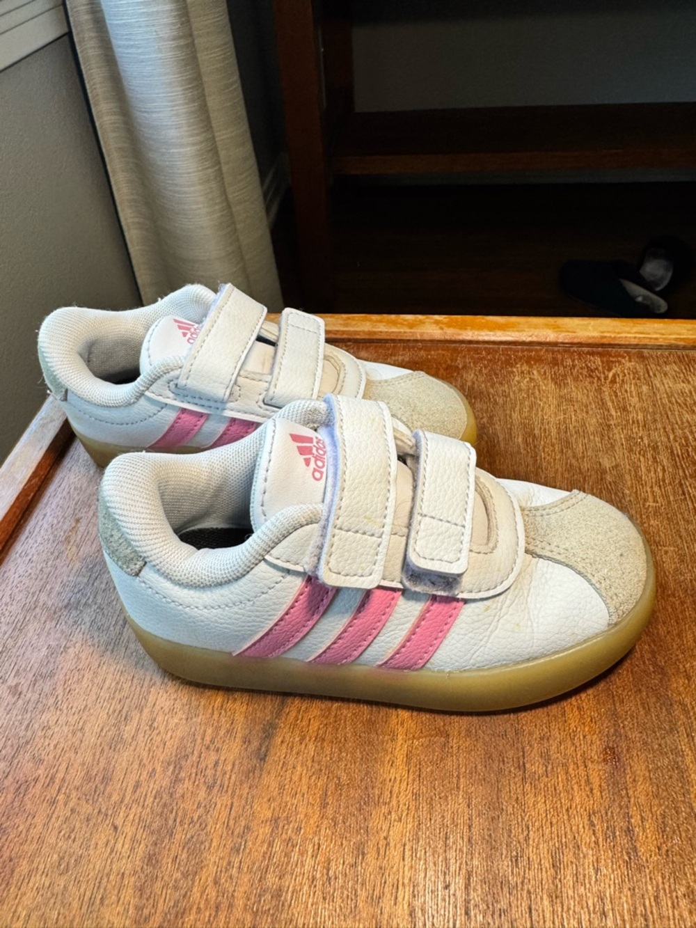 adidas Kids White & Pink Double-Strap Sneakers